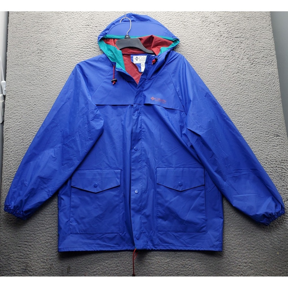 Vintage Columbia Sportswear Rain Jacket Mens L Blue PVC Hooded Snap Inside Zip
